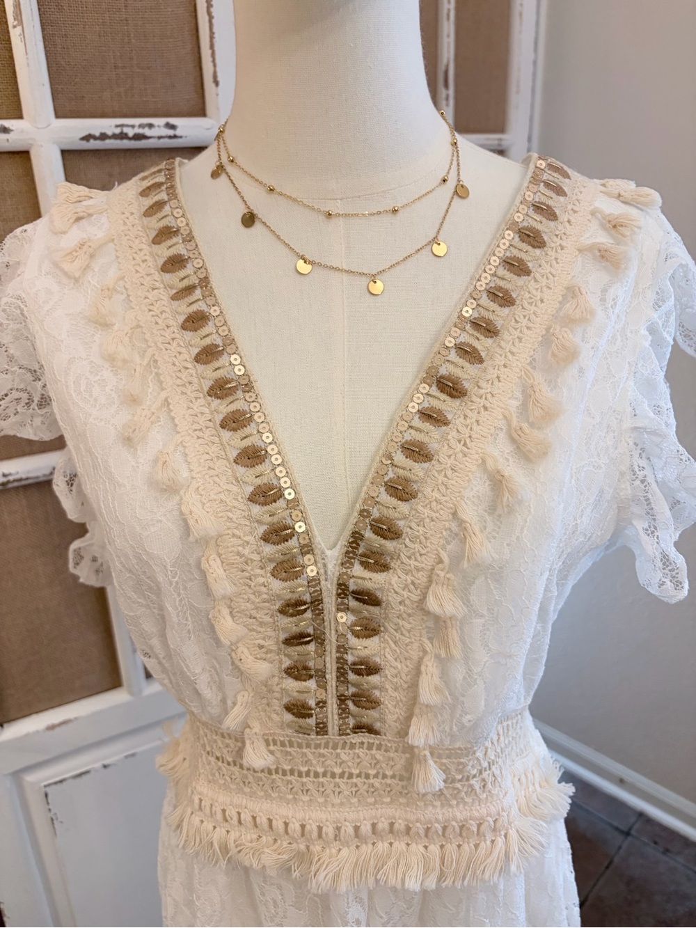 Addconfdt NWT Ivory Boho Lace High-Low Maxi Dress Tassel Sequin Crochet Trim L